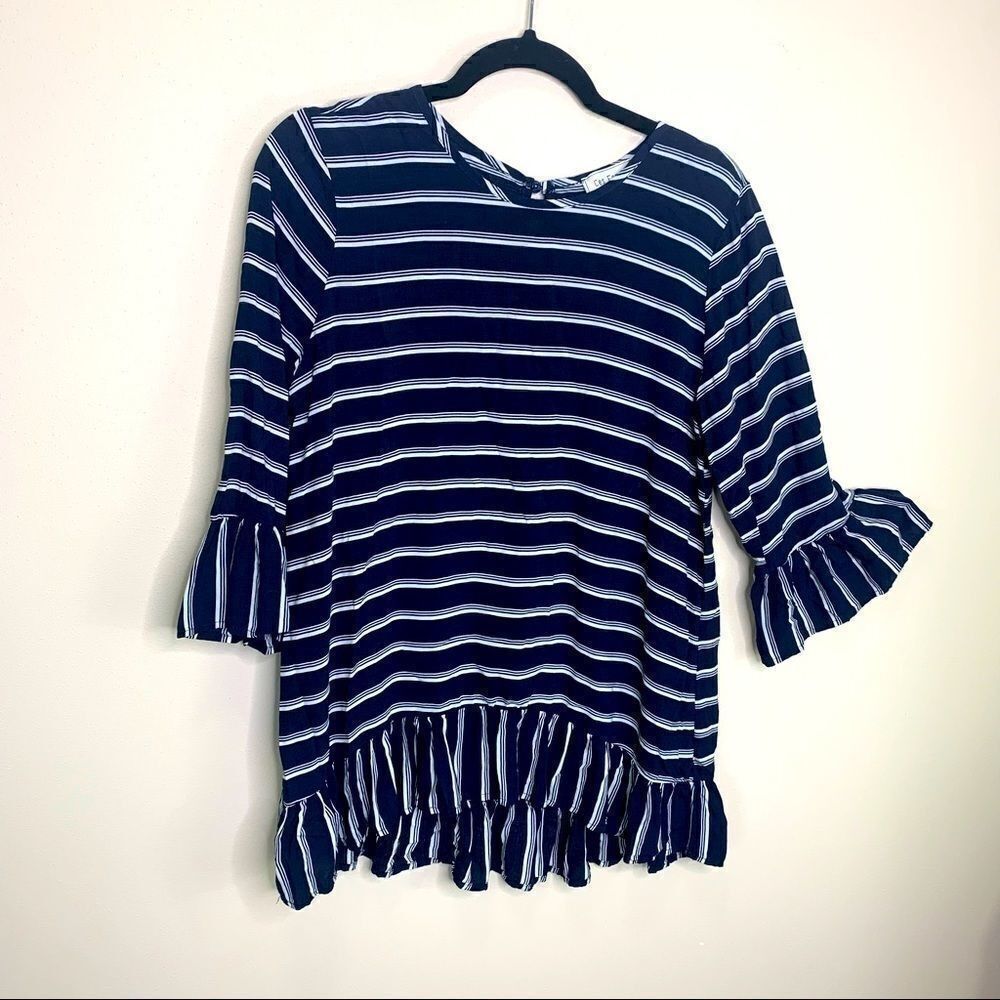 Ces femme navy white stripe blouse top small A1